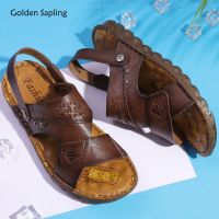 Golden Sapling Retro Mens Sandals Genuine Leather Beach Shoes Breathable Summer Outdoor Sandals Fashion Rome Leisure Shoes Men