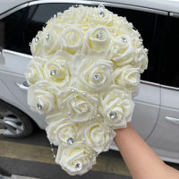 【cw】Long Waterfall New Wedding Bouquet Bride Bridesmaid Pearl Rhinestone PE Rose Flower for Marriage W330PE