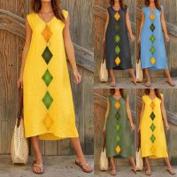 COD DSFGRDGHHHHH ♀HN♀Women Summer Sleeveless V Neck Cotton Linen Printed Casual Long Maxi Beach Dress