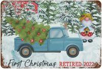 Vintage Metal Tin Sign Plaque First Christmas Retired 2022 Watercolor Rustic Truck Snowman Wall Art Sign Deer Sign for