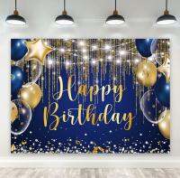 Navy Royal Blue Gold Happy Birthday ฉากหลัง Golden Dot บอลลูนเพชร Sparkle หญิงสาว Sweet Bday Party การถ่ายภาพพื้นหลัง Decor Banner