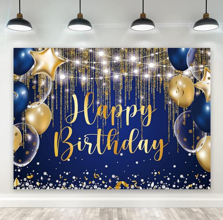 Navy Royal Blue Gold Happy Birthday Backdrop Golden Dot Balloon Diamond Sparkle Women Girl Sweet