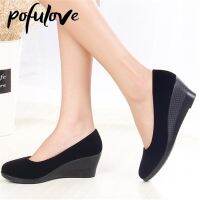 Pofulove รองเท้าส้นสูงผู้หญิง,รองเท้าส้นสูงปานกลางสีดำ PU สำหรับคุณแม่แบบแฟชั่นสำนักงาน Sp ลื่นรองเท้าออกซ์ฟอร์ด