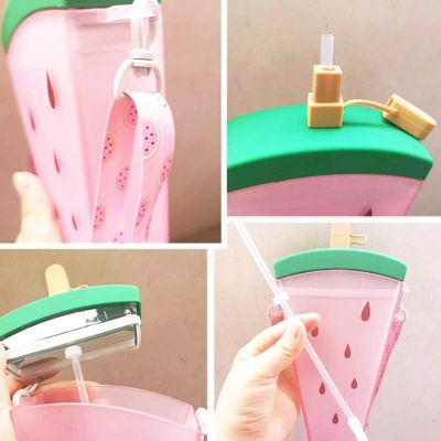 Plastic Water Bottles Cute Watermelon Ice Cream Water Bottle With Straw Bottle Anti fall Portable Popsicle Cup Kids Water