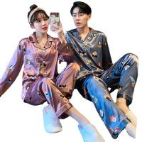 Summer couple pajamas spring and autumn printed Korean long sleeve sleepwear trousers casual silk like home suit