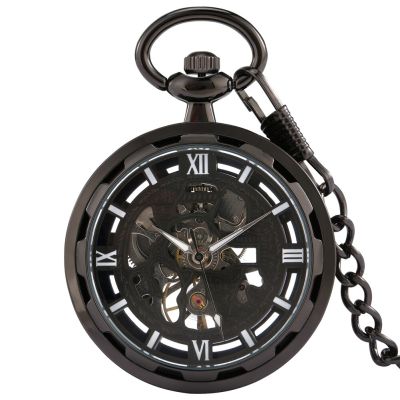 ผู้หญิงไม่มีกล่องสีดำเลขโรมันนาฬิกาข้อมือสีดำเต็มรูปแบบเครื่องจักรแบบแมนนวลนาฬิกาพกโซ่หนาแบบแมนนวล