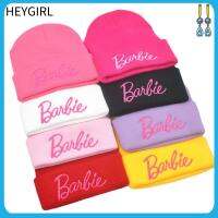 HEYGIRL ขนสัตว์ถักนิตติ้ง หมวกถักตุ๊กตาบาร์บี้ เก็บความอบอุ่น สีชมพูอมชมพู หมวกบีนนี่ แฟชั่นสำหรับผู้หญิง หมวกถักปัก สำหรับผู้หญิง