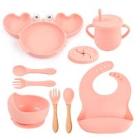 9PCS/Set Baby Silicone Sucker Bowl Plate Cup Bibs Spoon Fork Sets Non-slip Cartoon Crab Shape Tableware Baby Feeding Dishes Bowl Fork Spoon Sets