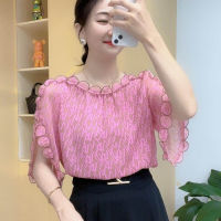 Chiffon Blouse Plus Size Women Short Sleeve Elegant Shirt Korean Style Summer Fashion Pink Top