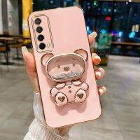 เคส Y7A Huawei สวยลายหมีแต่งหน้ากระจกขาตั้งหมุนได้หมีทรายเหลวน่ารักกล่องโลหะชุบหรูหราโทรศัพท์ซิลิโคนนิ่มกันกระแทกฝาครอบด้านหลัง