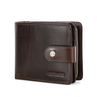 CONTACTS Genuine Leather RFID Wallet Men Coin Pocket Small Card Holder Vintage Short Purse Zipper Trifold Wallet Male Carteiras