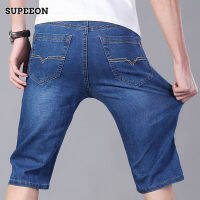 SUPEEON丨 คร็อปแพนท์ลำลองขาตรงของผู้ชาย Celana Pendek Denim ยืดได้ทรงหลวมขาตรง