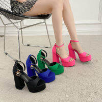 ผู้หญิงขนาดพิเศษ Peep-Toe แพลตฟอร์มกันน้ำรองเท้าส้นสูงส้นสูงหนาสั้น13ซม