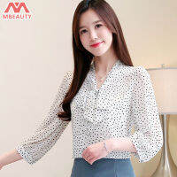 MBeauty  เสื้อชีฟองสำหรับผู้หญิงใหม่ผูกโบว์กับสามแขน Polka-Dot เสื้อ