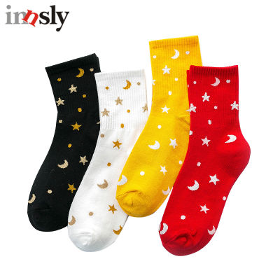 Starry Sky Moon Star Embroidery Funny Socks for Women Cartoon Casual Korean Style Kawaii Female Cotton Socks