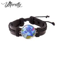 2021 New Arrival Lovly Cartoon Stitch Lace up Leather Bracelet Glass Cabochon Charm Pendants Jewelry for men