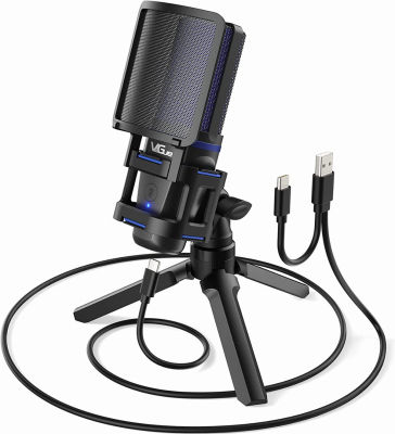 VeGue USB Microphone for PC PS5, Computer Gaming Condenser PC Mic with Quick Mute, Indicator, Tripod Stand, Pop Filter, Shock Mount, for Twitch Streaming, Podcasting, Chatting, Recording, Blue VM30