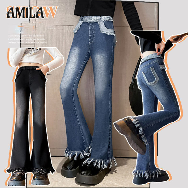 amila-กางเกงยีนส์เด็กหญิงกางเกงแฟชั่นพู่กางเกงขาบาน