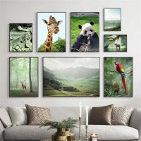 Deer Panda Lion Deer Monkey Elephant Bird Poster Forest Leaf Plant Print Mountain Landscape Canvas Painting Nordic Home Decor Wall Décor