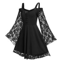 ZZOOI Fashion Gothic Dress For Women 2020 Patchwork Flare Sleeve Cross Corn Cold Shoulder Lace Up Insert Sling Dress Ladies Dresses