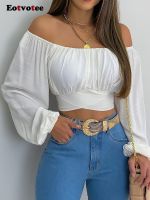 ▥✲◎ Y2k Crop for Blouse Shoulder Lantern Sleeve Up Waist Ladies Streetwear Short Shirt