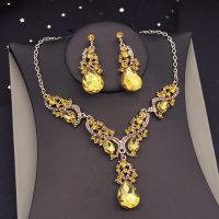 【lz】◄  Strass Cristal Amarelo Conjuntos de Jóias Nupcial para Mulheres Colar Gargantilha e Brincos Conjunto de Jóias Lindo Casamento Moda