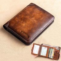 ZZOOI Genuine Leather Rfid Protection Wallets for Men Vintage Thin Short Multi Function ID Credit Card Holder Money Bag