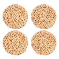 4 Pieces Water Hyacinth Woven Placemats 7 Inch Round Braided Rattan Tablemats Heat-Resistant Handmade Straw Woven