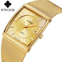 [Aishang watch industry]WWOOR นาฬิกาควอตซ์ญี่ปุ่นนาฬิกาสีทองสำหรับผู้ชายหรูตาข่ายเหล็กบางกันน้ำกีฬานาฬิกาข้อมือวันที่ Relogio Masculino