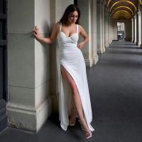 Summer White Sling Evening Dress Party Elegant Long Dress Open Back Side Slit Cotton Prom Evening Dress 2021 Cheongsam Dress