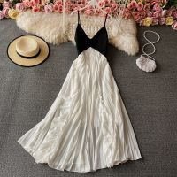 COD DSFGRDGHHHHH Light Mature Style Elegant Dress V-neck Sleeveless Suspender Sexy Slim Pleated Dress Summer Vacation Style Beach Long Dresses