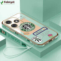 [ฟรีสายคล้อง] สำหรับ Tecno Spark 10C เซลล์10เม็ดเคสโทรศัพท์โลโก้ Starbucks ปลอกลวดลายขอบสี่เหลี่ยมเคสโทรศัพท์ชุบเคลือบหรูหราเคสโทรศัพท์นิ่ม