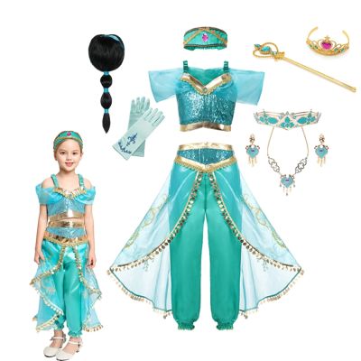 Disney Jasmine Princess Costume For Girls Dress Halloween Party Carnival Cosplay Aladdin Agic Lamp Kids Clothing Set Outfits