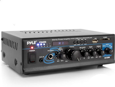 Home Audio Power Amplifier System - 2X120W Dual Channel Mixer Sound Stereo Receiver Box w/RCA, USB, AUX, Headphone, Mic Input, LED - for PA, Theater, Home Entertainment, Studio Use - Pyle PTAU55