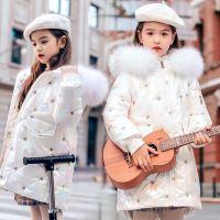 Winter Girls Hooded Fur Collar Cotton Coat Mid-length Childrens Padded Warm bright face Waterproof fur collar Snow Jacket