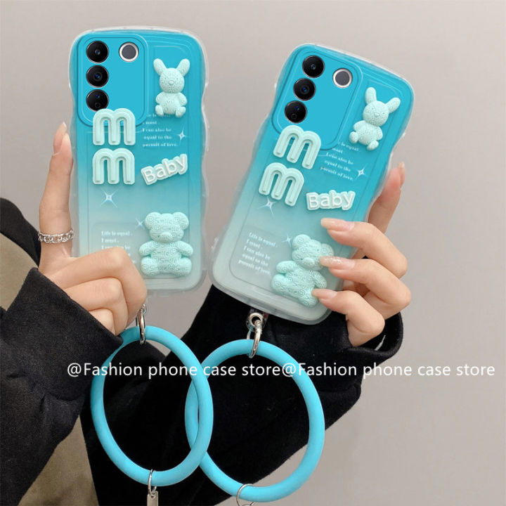 phone-case-เคส-vivo-v27-vivo-v27-pro-5g-เคสโทรศัพท์สีฟ้าไล่ระดับสีฟ้าลายการ์ตูนน่ารักตุ๊กตาหมี3มิติเคสนิ่มกันกระแทกพร้อม2023สร้อยข้อมือซิลิโคนที่ถอดอ