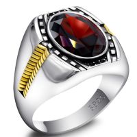 Real Silver 925 Sterling Silver Mens Ring with Faceted Red Zircon Fashion Rings Mens Red Zirconia Mens Ring Dropshipping