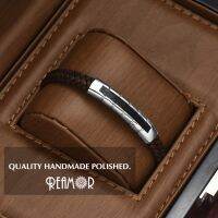 REAMOR Luxury New Stainless Steel Inlay Leather Connector Bracelets Mens Brown Genuine Leather Bracelet Mens Gift Jewelry