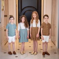 【YF】 2023 Brother Sister Sets Matching Clothes Summer Boys Girls Knitted Dress Outfit Teenagers Polo Shirt Cardigan Skirts Baby Short