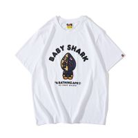 ☽BAPE เสื้อยืดแขนสั้นชายฉลามสีน้ำเงิน,เสื้อยืดลำลองฤดูร้อนผ้าฝ้ายบริสุทธิ์รอบคอหลวมนักเรียน