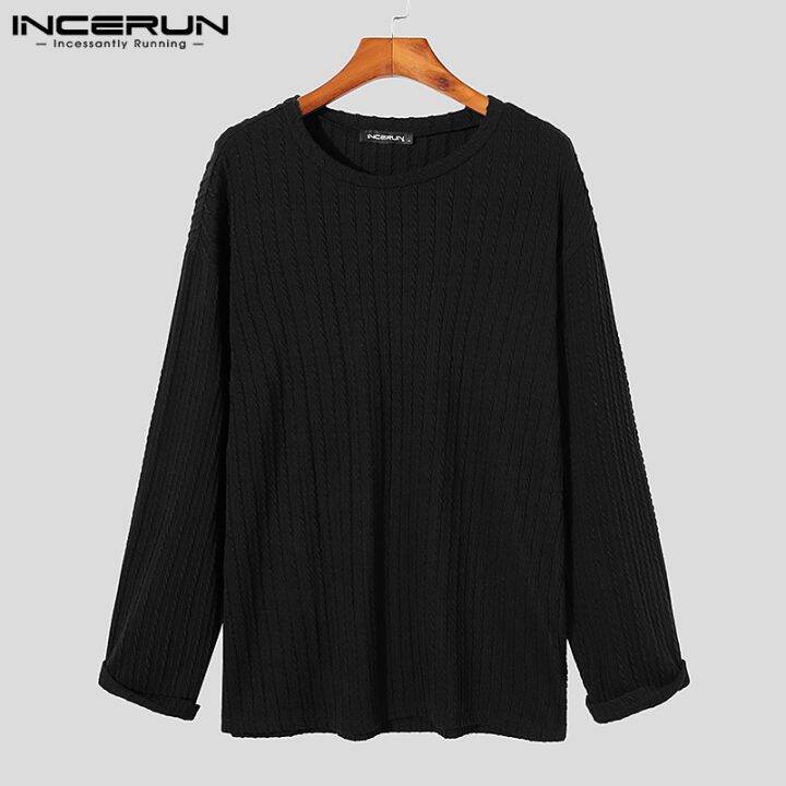 incerun-เสื้อยืดแฟชั่นผู้ชายคอกลมแขนยาวสีพื้น-3สี