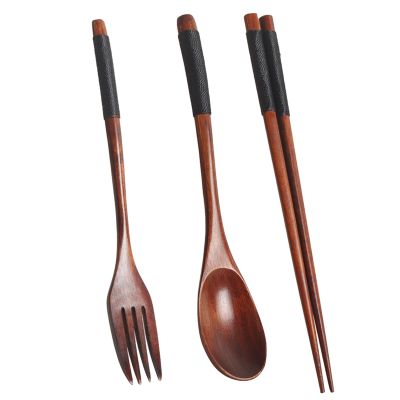 Wooden Flatware Set, Wooden Portable Set Chopsticks Spoon Fork Tableware Dinnerware with Black Twining Thread