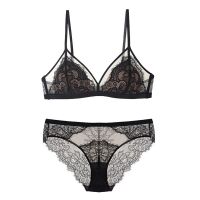 【Latte good womens dress】 Soft Triangle Cup Wireless Bra Set Sexy Lace Mesh And Panties Thin Lined Transparent Underwear Women Lingerie