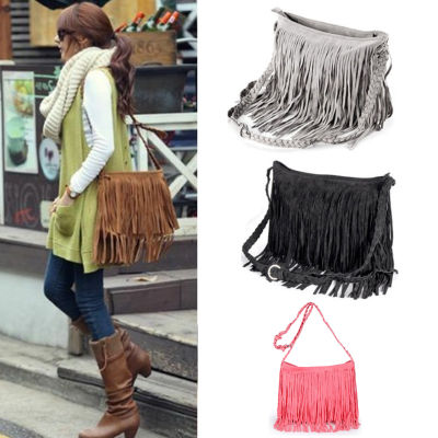 Trendy Fringed Messenger Bag Solid Color Fashion Handbag Suede Leather Cross Body Bag Trending Tassel Handbag Solid Color Messenger Handbag