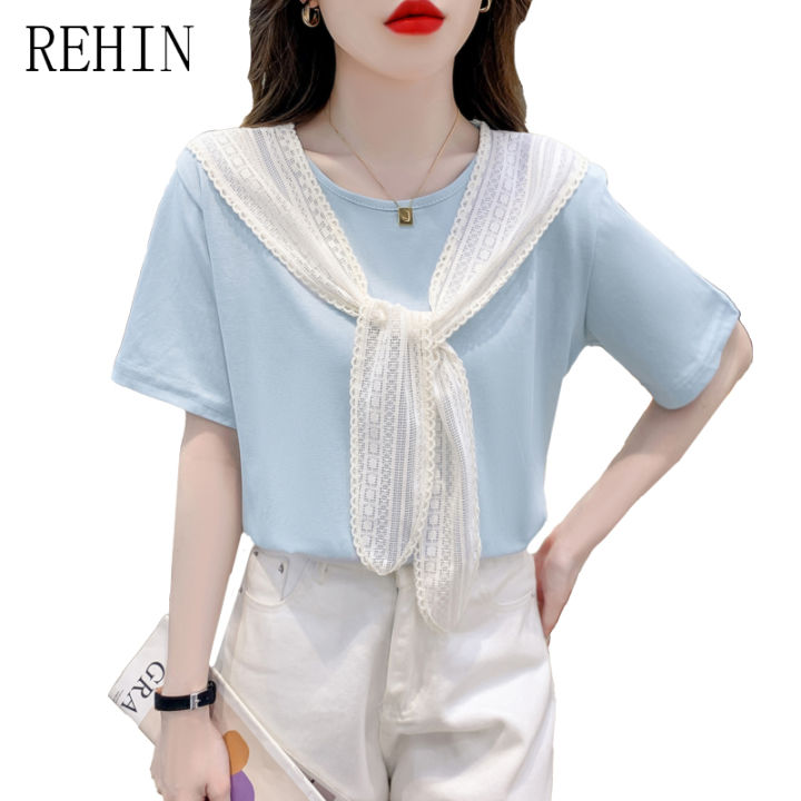 rehin-เสื้อยืดแขนสั้นผู้หญิง-เสื้อลำลองฉบับเกาหลีเสื้อแขนสั้นพร้อมเสื้อพาดไหล่ที่ไม่ซ้ำใครและสง่างาม