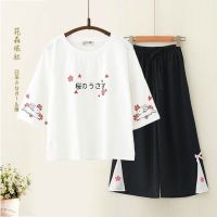 Spot parcel post Teenage Leisure Suit Female Junior High School Student Fresh Short Sleeve T T-shirt Loose Slimming Wide-Leg Pants Cropped Pants 2 Set