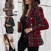 S-3XL 4Colors Double-Breasted Plaid Shape Slim Blazer Coat Long-Sleeve Women Office Spring Autumn Suit Polyester Fiber Jacket