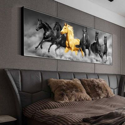 ✘ Six Running Black และ Gold Horse สัตว์ภาพวาดผ้าใบ Art Gold โปสเตอร์และพิมพ์ภาพผนังศิลปะตกแต่งบ้านไม่มีกรอบ