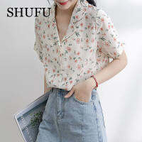 SHUFU 2318 เสื้อชีฟองสำหรับผู้หญิง,เสื้อลำลองแขนสั้นลายดอกไม้สไตล์เกาหลีพิมพ์ลายมีปกไซซ์พิเศษปี