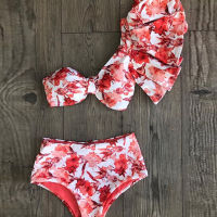 One Shoulder Bikini Set 2021 Sexy Ruffle Swimwear Women Swimsuit High Waist Bathing Suit Beachwear Red Print Biquini female